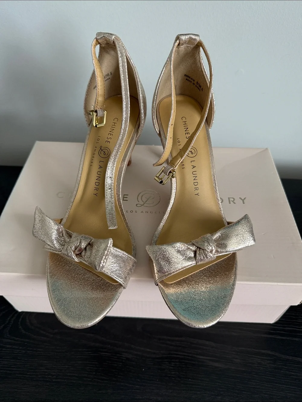 Chinese Laundry Metallic Gold Ankle-Strap Heels with Bow